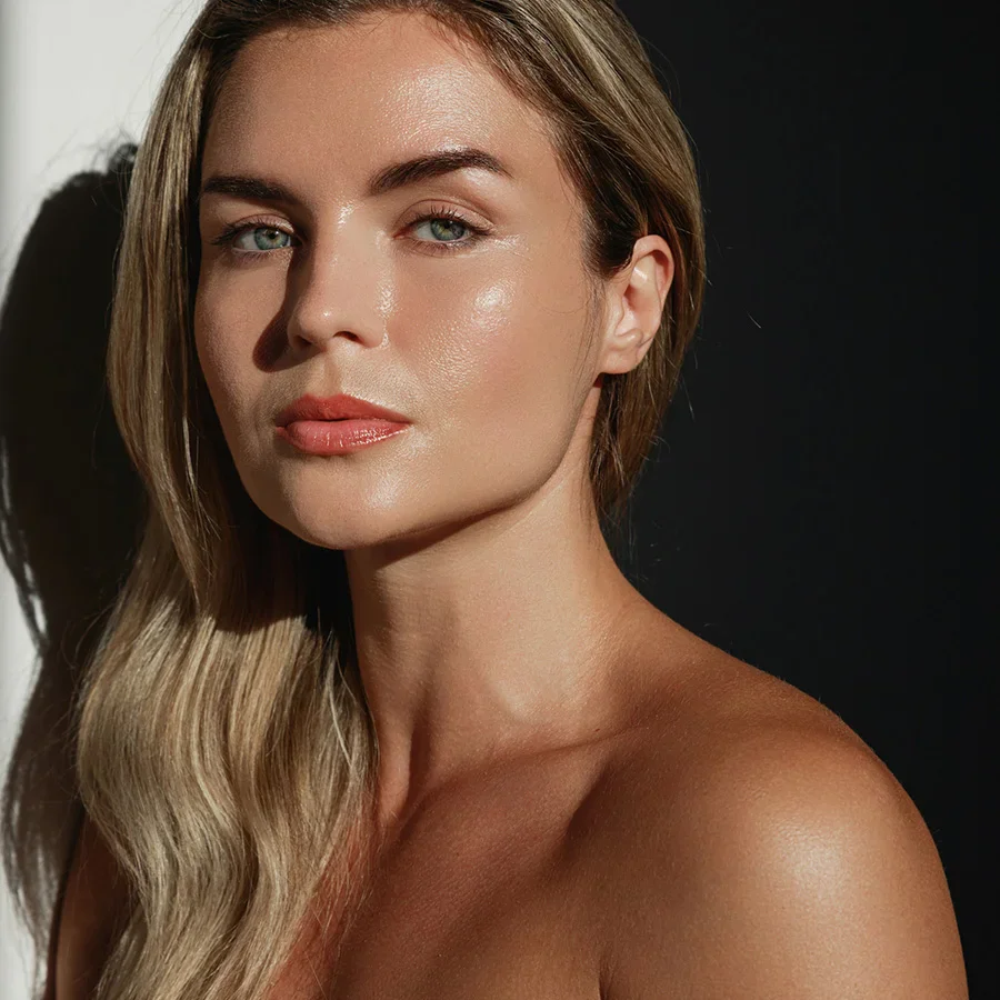 Natural beauty portrait of blonde woman with glowing skin and soft makeup against dark background - Injectables in Parsippany, NJ.
