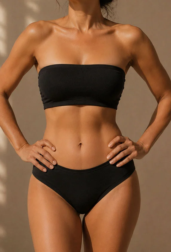 Woman wearing black bandeau bikini top and high-waisted bottoms showing fit physique and toned abs - Tummy tuck in Parsippany, NJ.